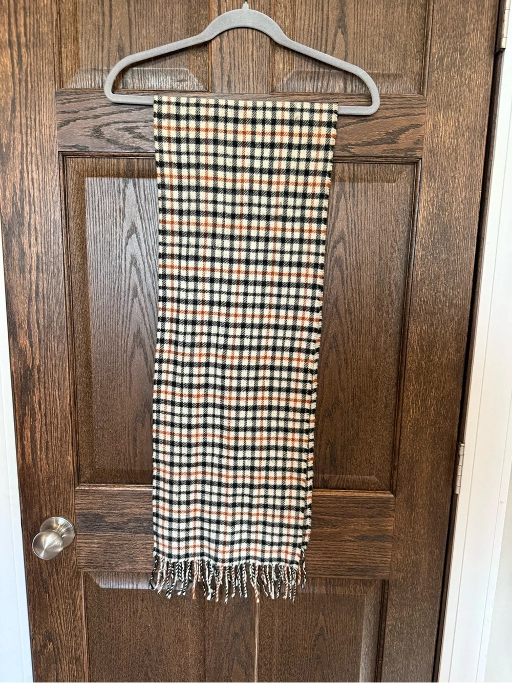 Cream Plaid Fringe Scarf with Black and Rust Check Wool Cashmere